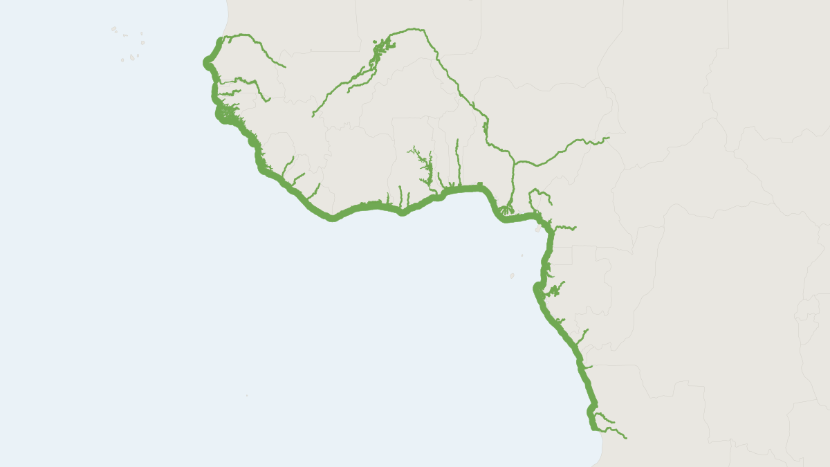 Range map of the African Manatee (Trichechus senegalensis) covering Angola, Cameroon and Democratic Republic of the Congo