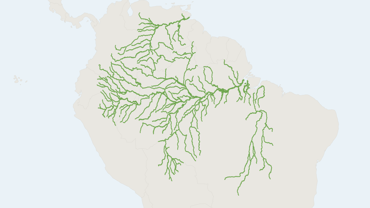 Range map of the Amazon River Dolphin (Inia geoffrensis) covering Bolivia, Brazil and Colombia