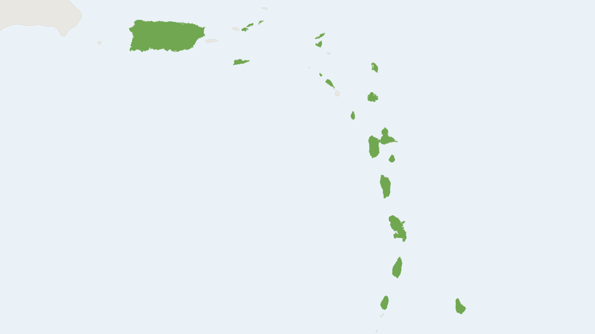Range map of the Antillean Fruit-eating Bat (Brachyphylla cavernarum) covering Barbados, Dominica and Grenada