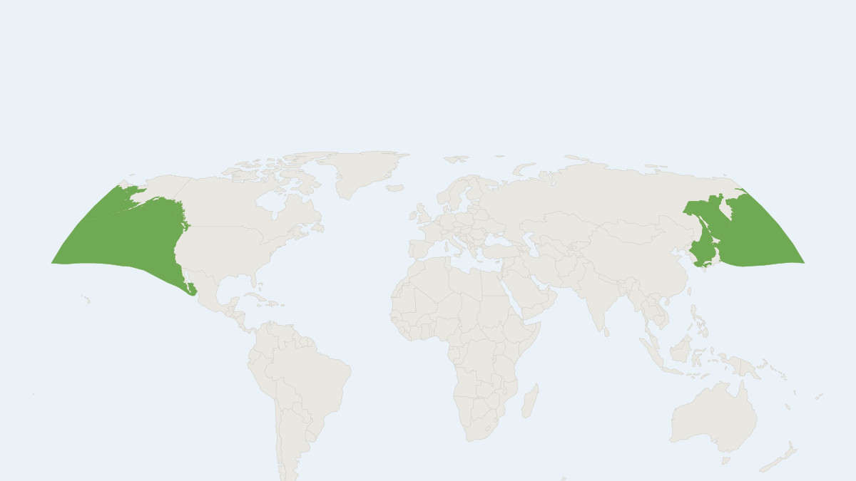 Range map of the Baird's Beaked Whale (Berardius bairdii) covering Canada, Japan and Mexico