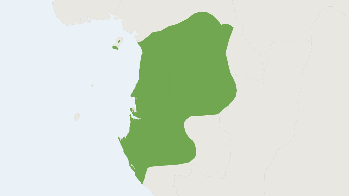 Range map of the Black Colobus (Colobus satanas) covering Cameroon, Democratic Republic of the Congo and Equatorial Guinea