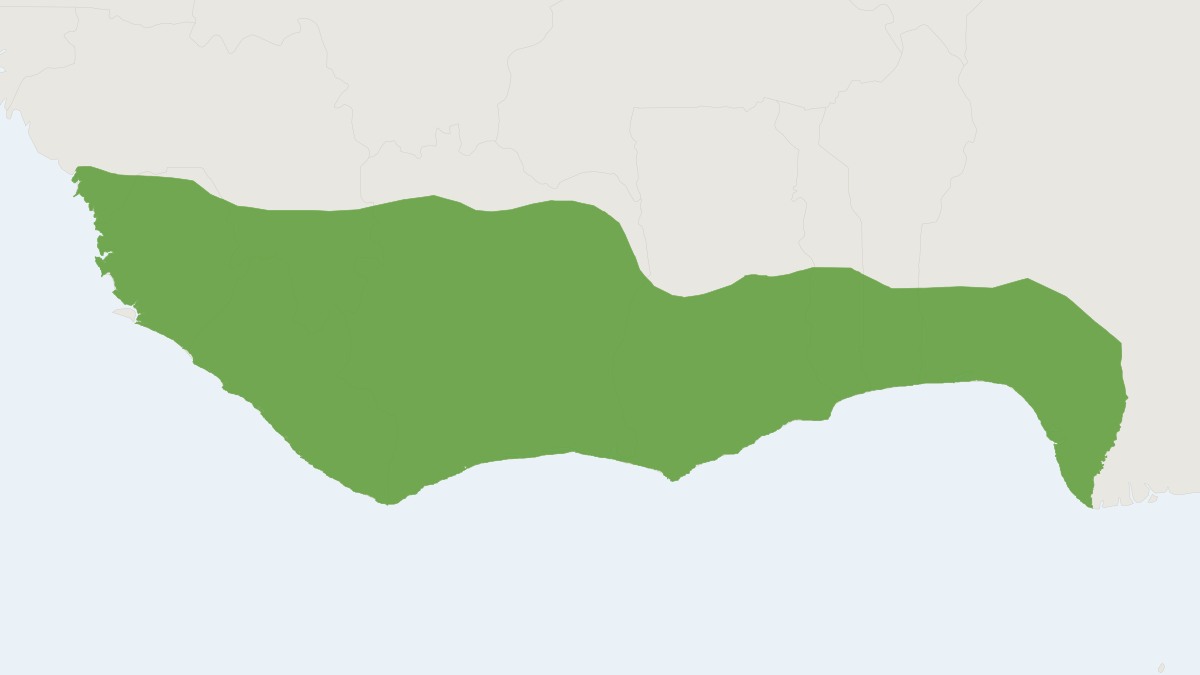 Range map of the Black Duiker (Cephalophus niger) covering Ghana, Guinea and Ivory Coast