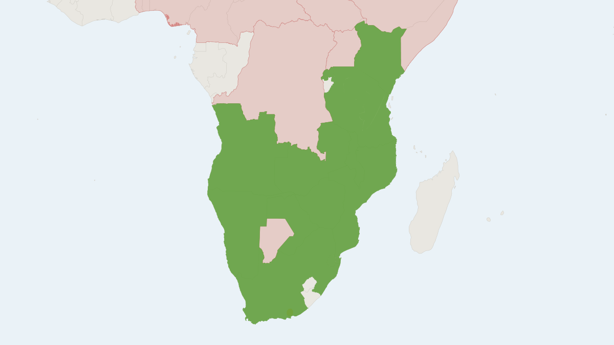 Range map of the Black Rhinoceros (Diceros bicornis) covering Botswana, Kenya and Malawi