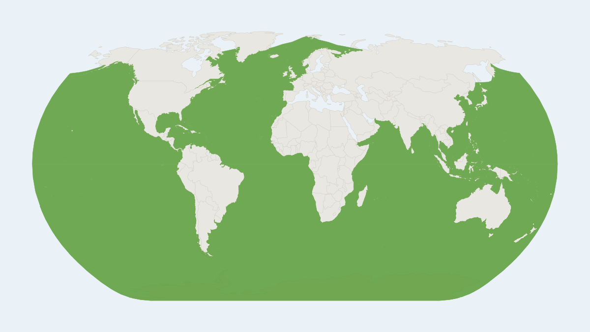 Range map of the Blue Whale (Balaenoptera musculus) covering Antarctica, Chile and Iceland