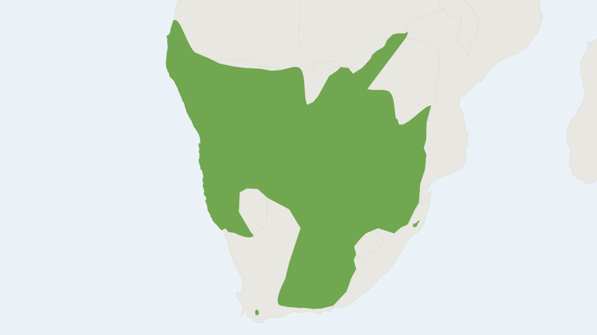 Range map of the Brown Hyaena (Parahyaena brunnea) covering Angola, Botswana and Mozambique