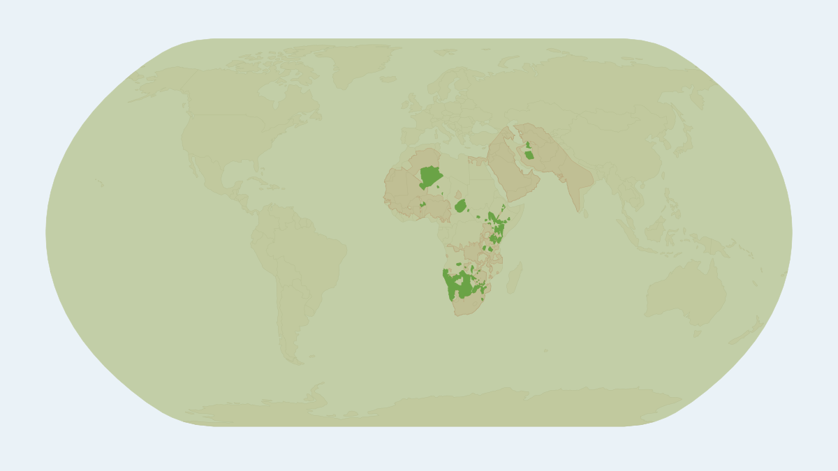 Range map of the Cheetah (Acinonyx jubatus) covering Botswana, Ethiopia and India