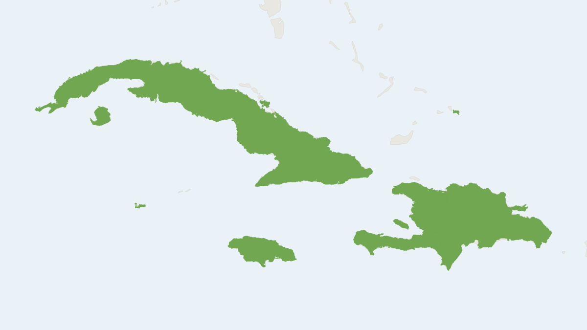 Range map of the Cuban Fruit-eating Bat (Brachyphylla nana) covering Cuba, Dominican Republic and Haiti