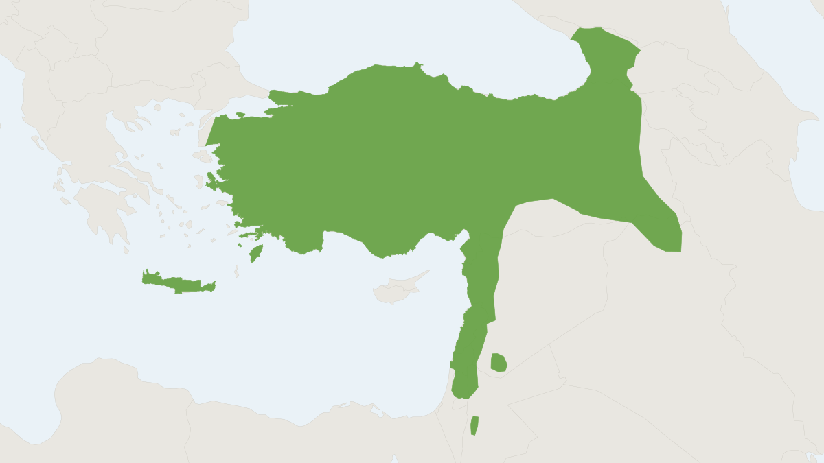 Range map of the Eastern Broad-toothed Field Mouse (Apodemus mystacinus) covering Albania, Bulgaria and Cyprus