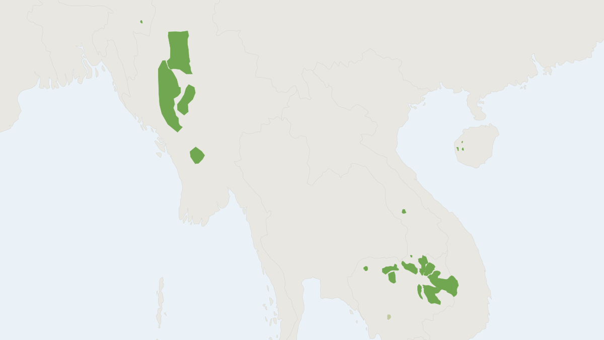 Range map of the Eld's Deer (Rucervus eldii) covering Cambodia, China and India