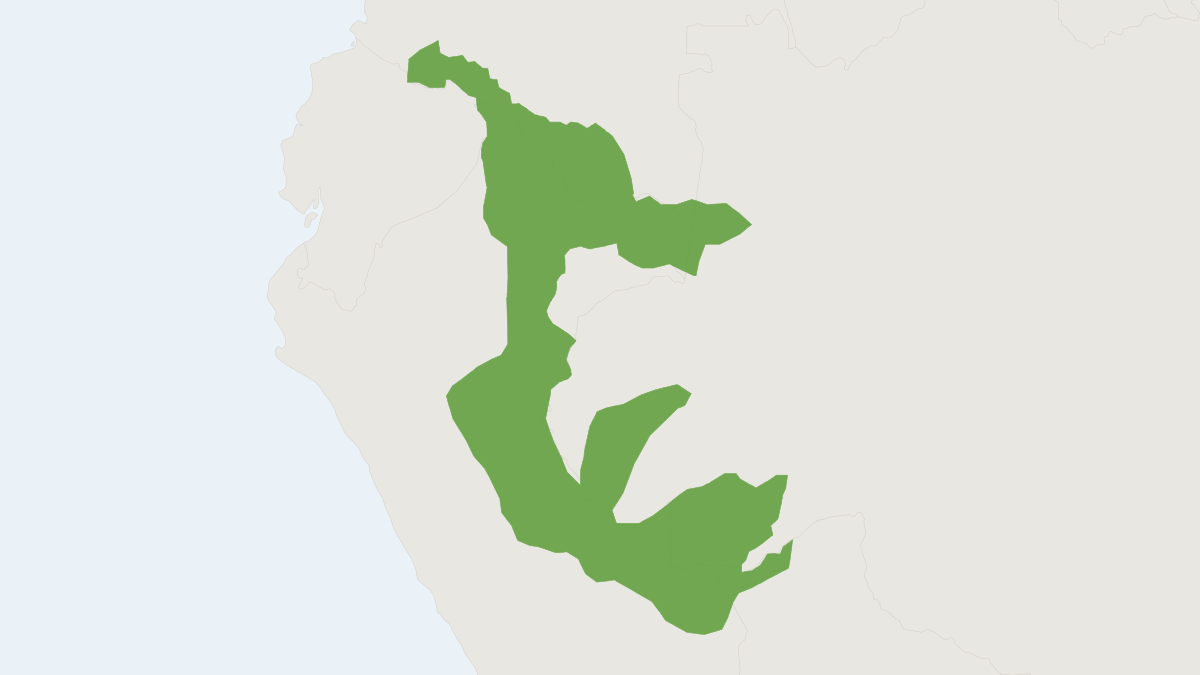 Range map of the Goeldi's Monkey (Callimico goeldii) covering Bolivia, Brazil and Colombia
