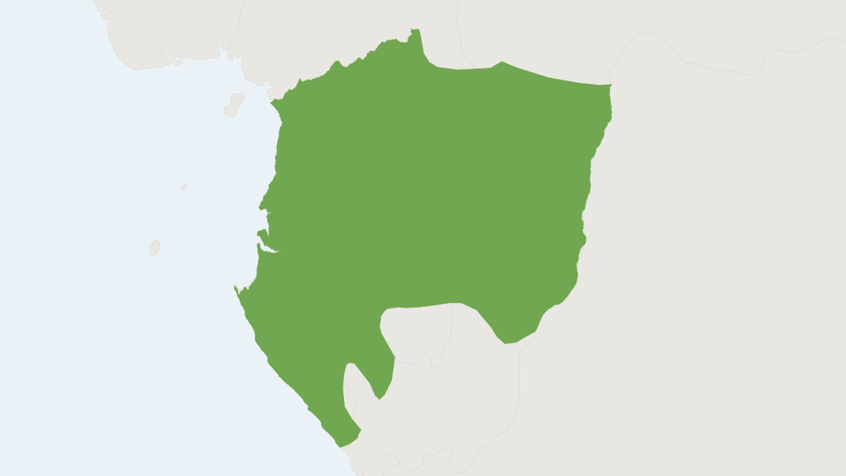 Range map of the Golden Angwantibo (Arctocebus aureus) covering Cameroon, Democratic Republic of the Congo and Gabon