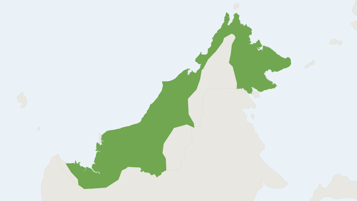 Range map of the Greater Pencil-tailed Tree Mouse (Chiropodomys major) covering Brunei, Indonesia and Malaysia