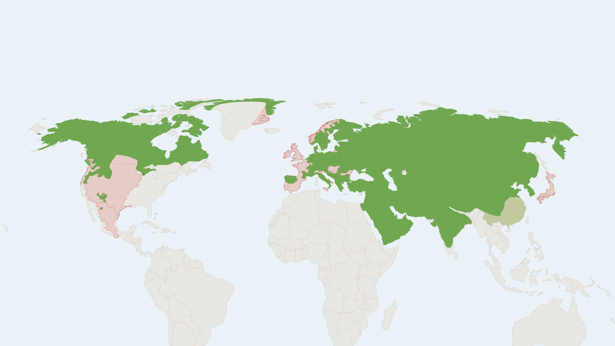 Range map of the Grey Wolf (Canis lupus) covering Canada, India and Italy