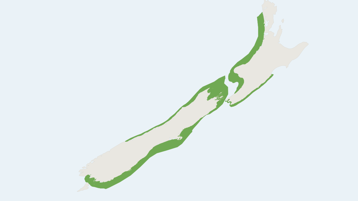 Range map of the Hector's Dolphin (Cephalorhynchus hectori) covering New Zealand