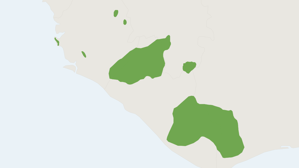 Range map of the Jentink's Duiker (Cephalophus jentinki) covering Guinea, Ivory Coast and Liberia