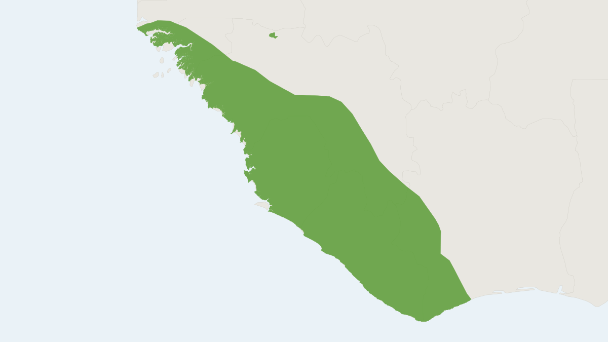 Range map of the King Colobus (Colobus polykomos) covering Ghana, Guinea and Guinea-Bissau