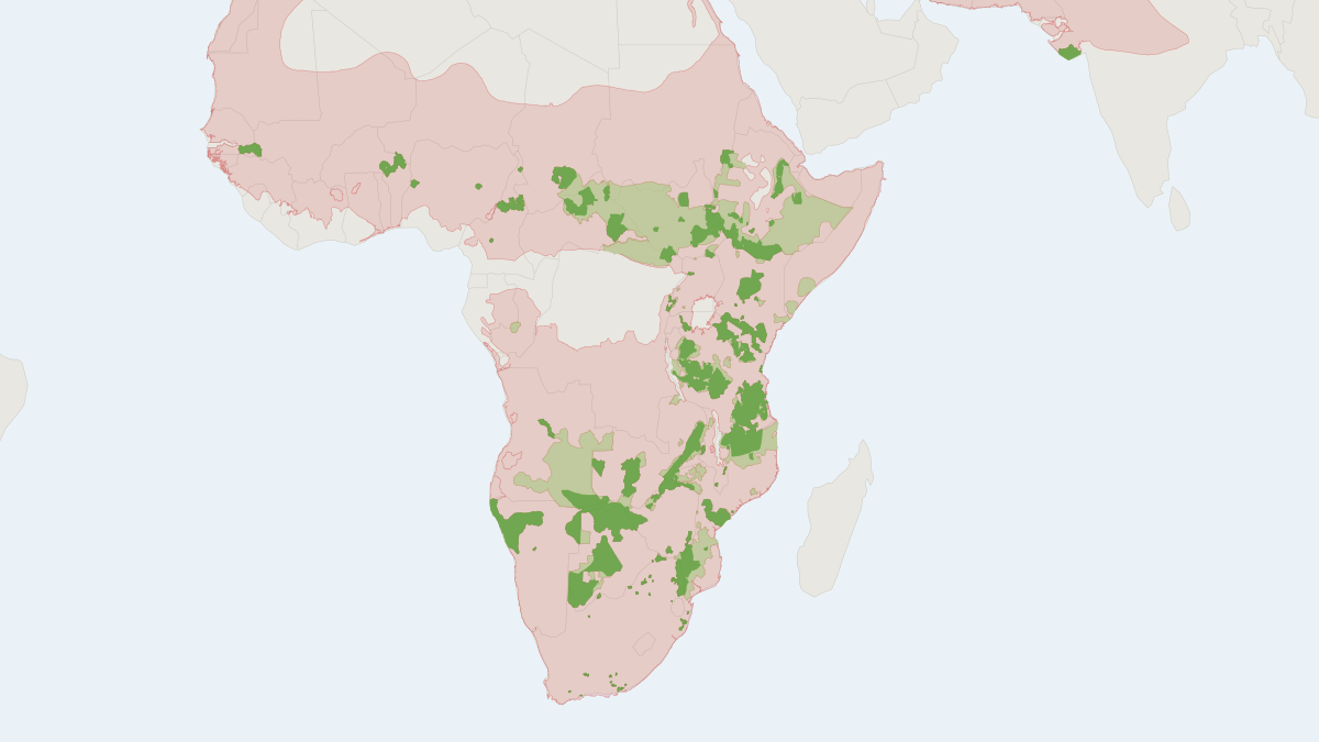 Range map of the Lion (Panthera leo) covering Botswana, India and Kenya