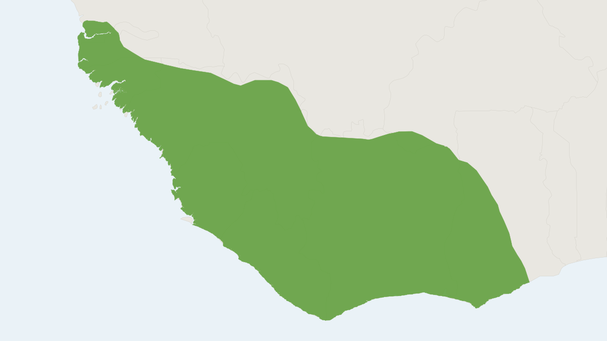 Range map of the Maxwell's Duiker (Philantomba maxwellii) covering Benin, Gambia and Ghana