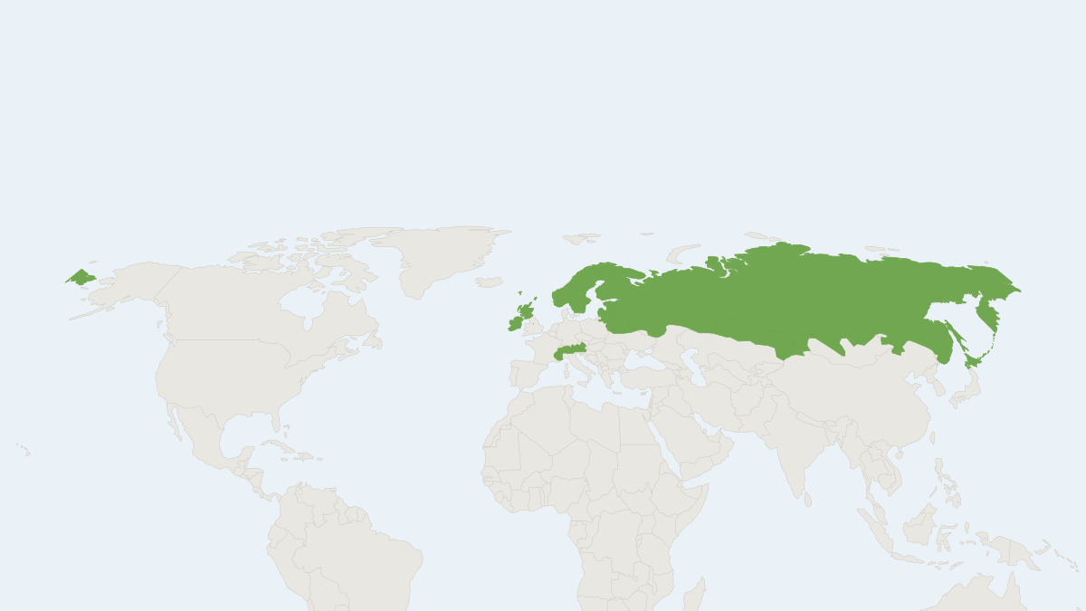Range map of the Mountain Hare (Lepus timidus) covering Ireland, Japan and Russia