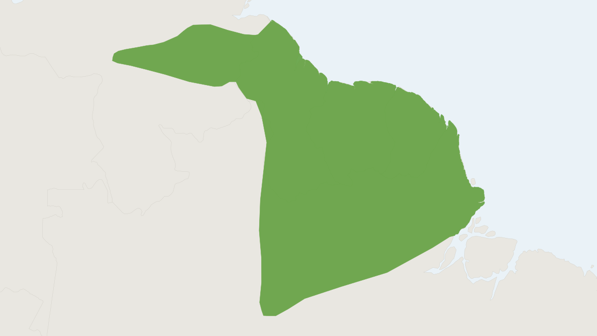 Range map of the Pale-throated Three-toed Sloth (Bradypus tridactylus) covering Brazil, French Guiana and Guyana