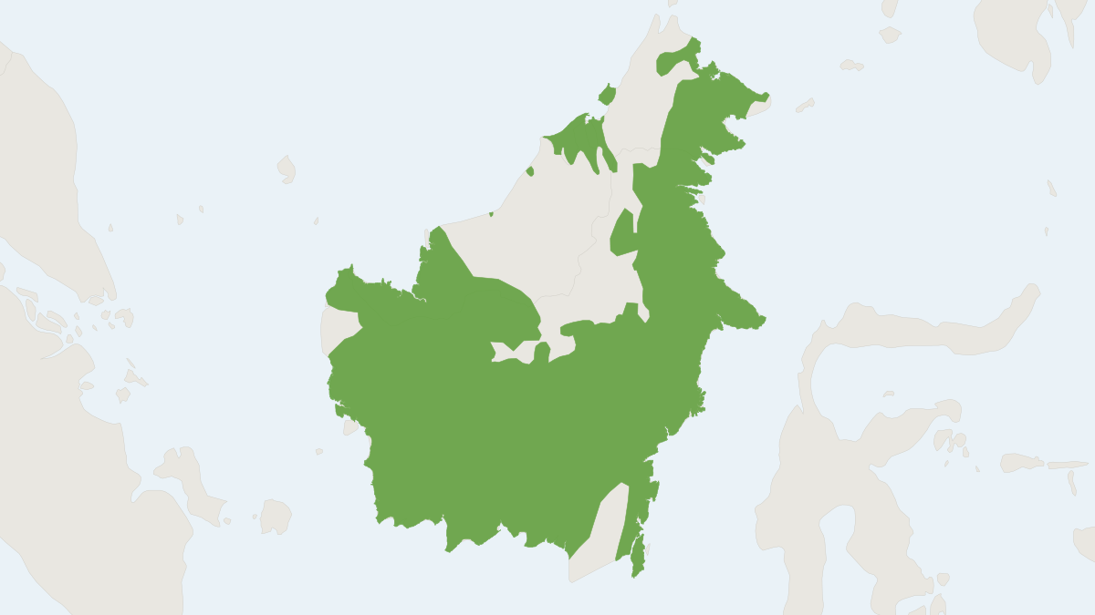 Range map of the Proboscis Monkey (Nasalis larvatus) covering Brunei, Indonesia and Malaysia