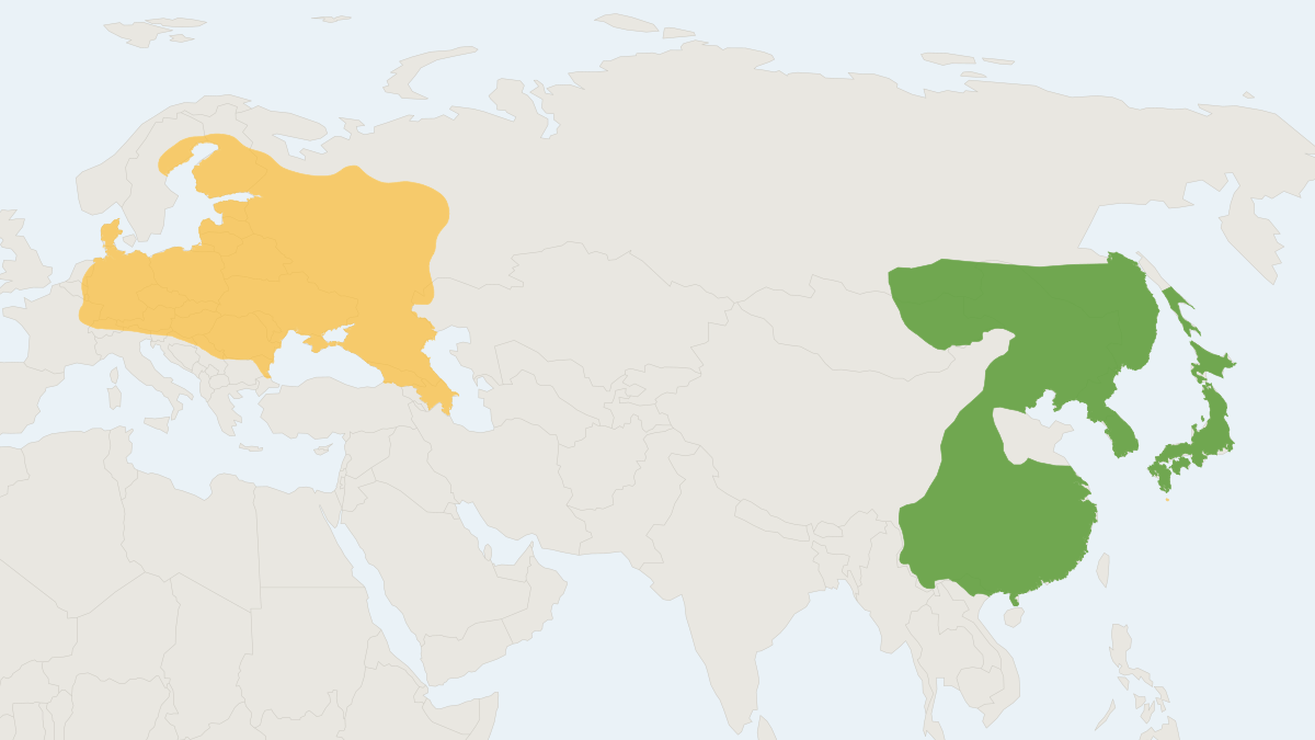 Range map of the Raccoon Dog (Nyctereutes procyonoides) covering China, Finland and France