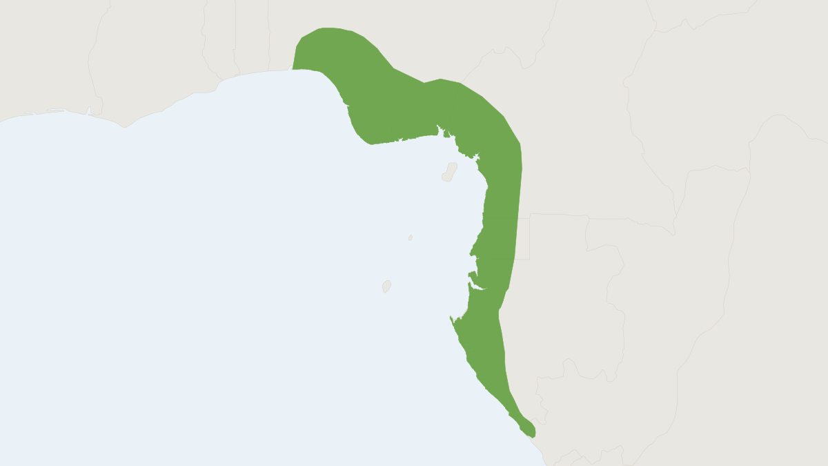 Range map of the Red-capped Mangabey (Cercocebus torquatus) covering Cameroon, Democratic Republic of the Congo and Equatoria