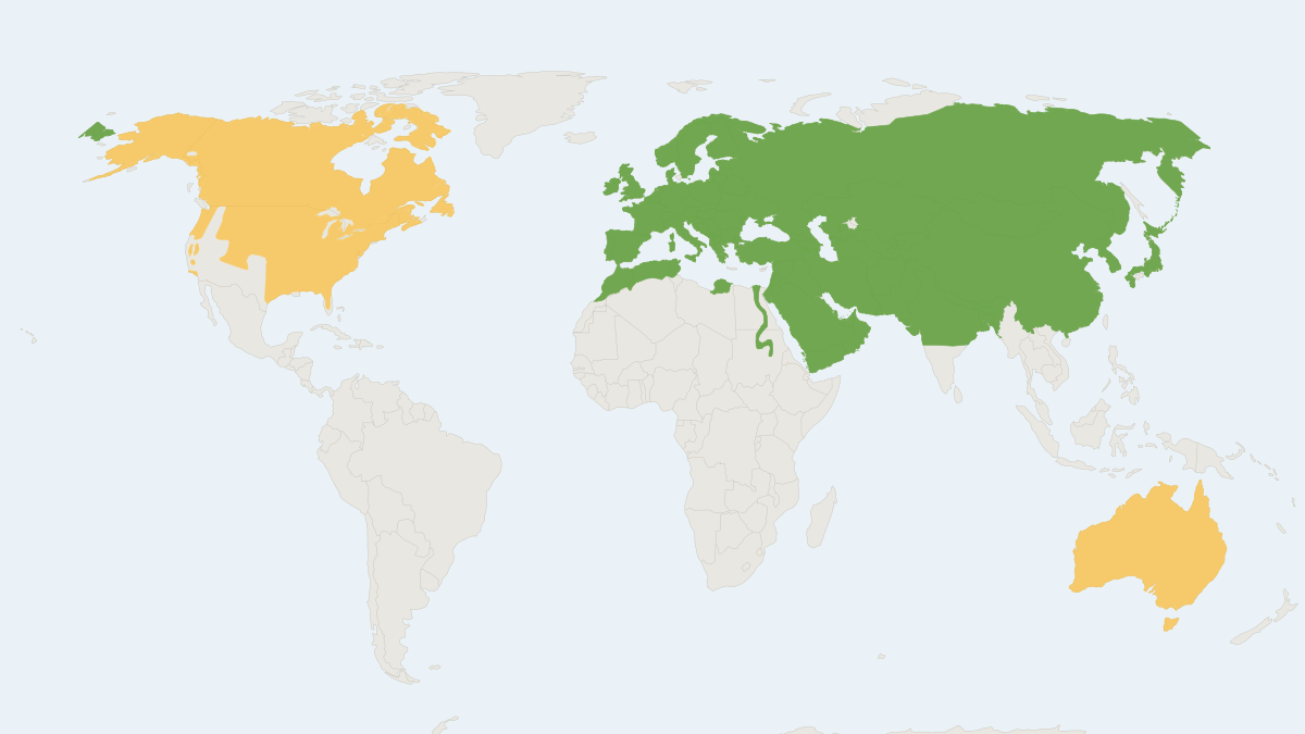 Range map of the Red Fox (Vulpes vulpes) covering Australia and Japan
