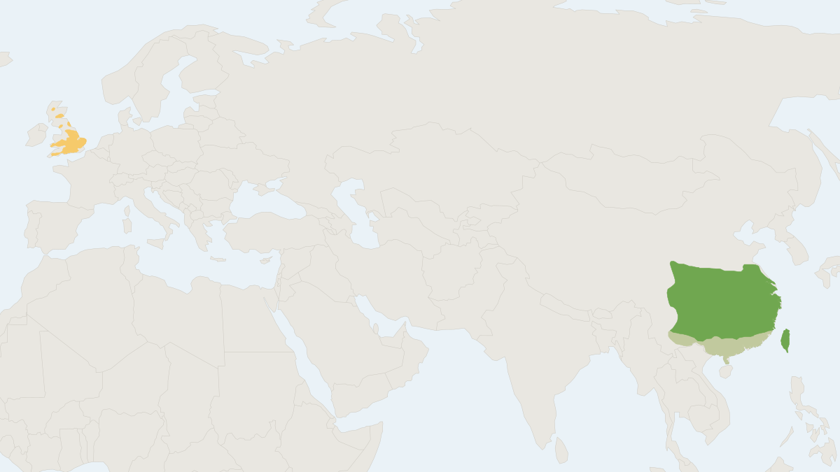 Range map of the Reeves' Muntjac (Muntiacus reevesi)