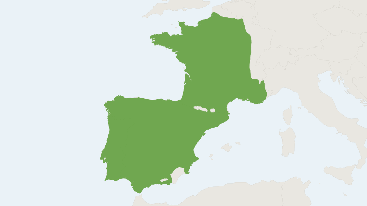 Range map of the Southern Water Vole (Arvicola sapidus) covering France, Portugal and Spain