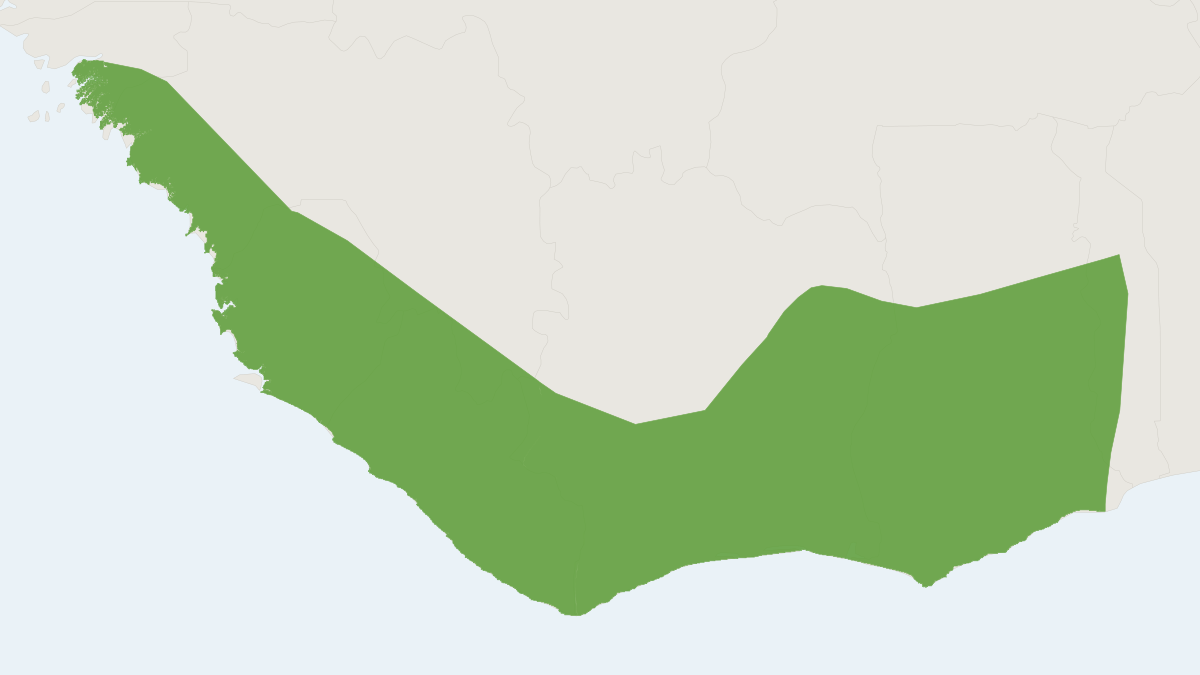 Range map of the Spot-nosed Monkey (Cercopithecus petaurista) covering Benin, Ghana and Guinea