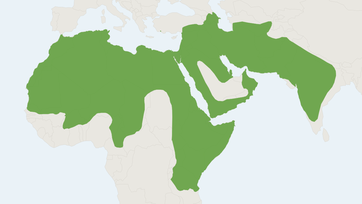 Range map of the Striped Hyaena (Hyaena hyaena) covering Egypt, Ethiopia and India