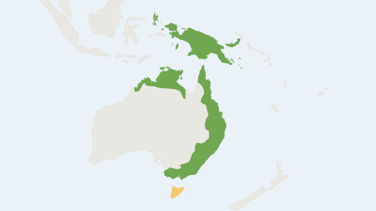 Range map of the Sugar Glider (Petaurus breviceps) covering Australia and Indonesia