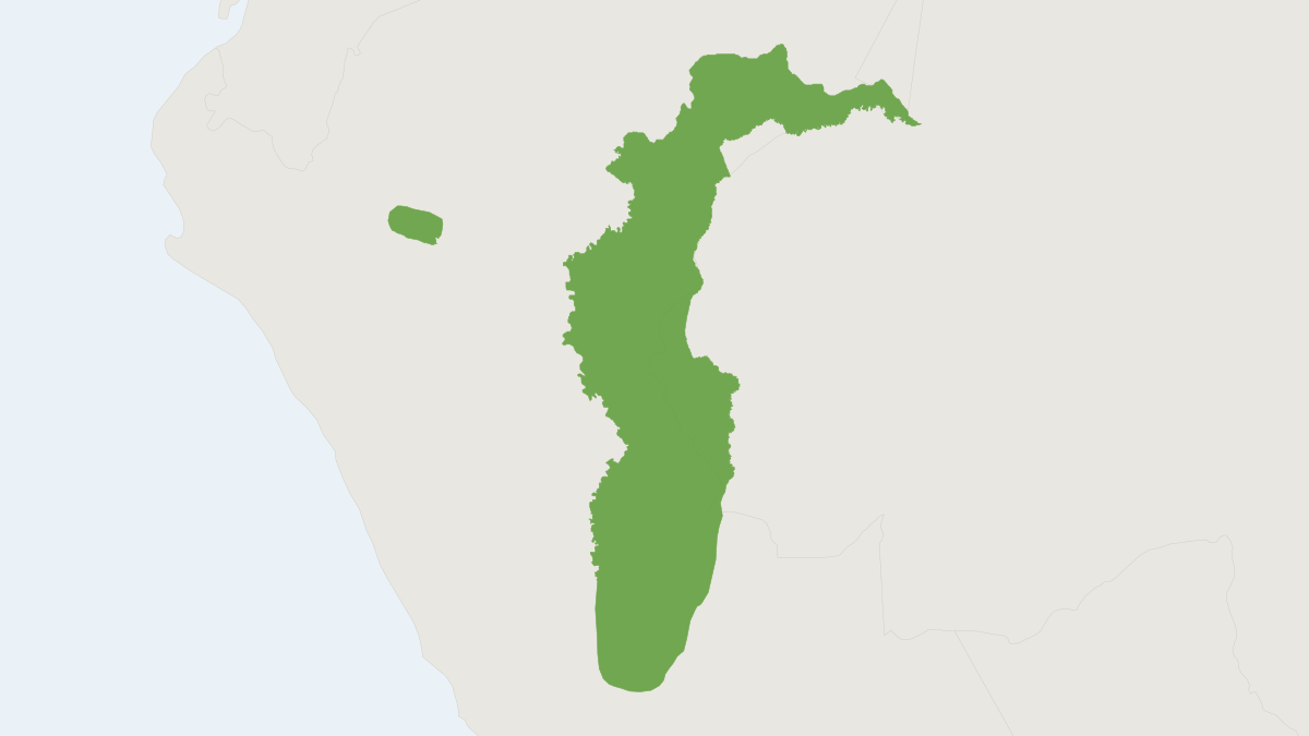 Range map of the Ucayali Bald-headed Uacari (Cacajao ucayalii) covering Brazil and Peru