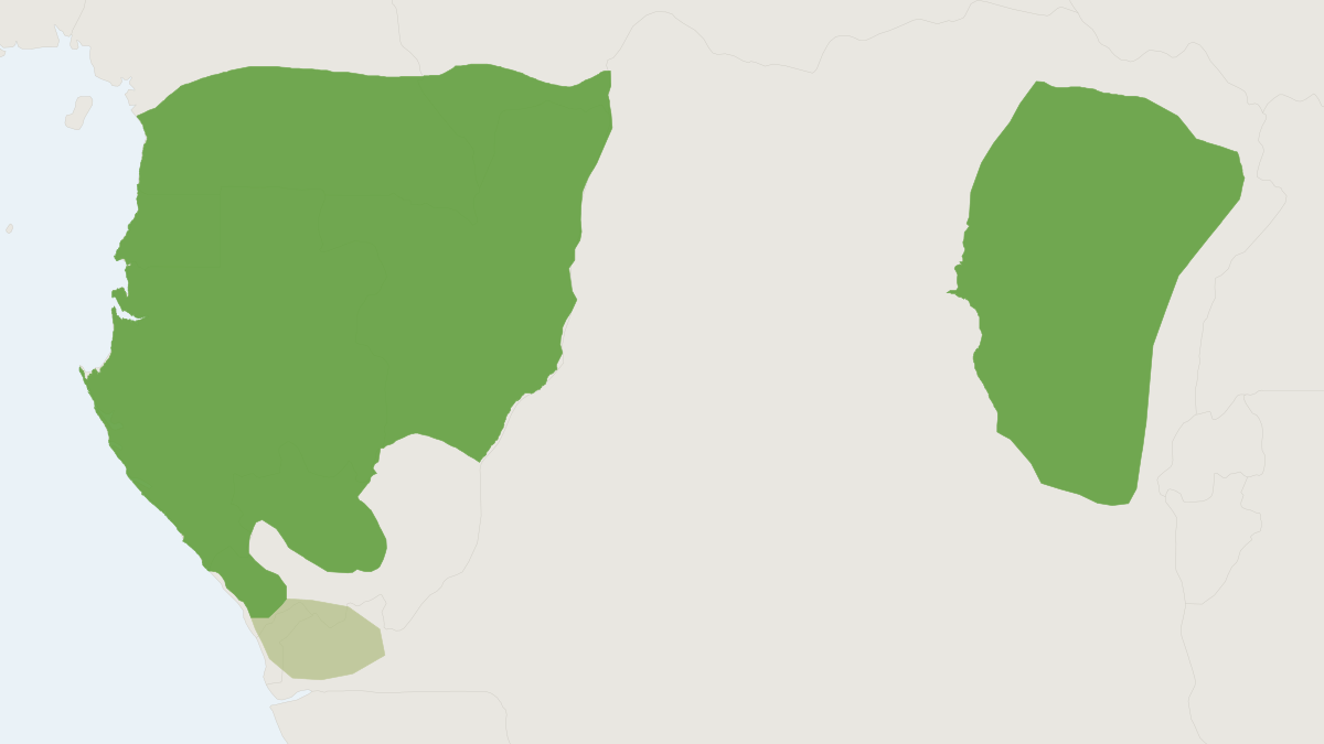Range map of the White-bellied Duiker (Cephalophus leucogaster) covering Cameroon, Central African Republic and Democratic Re