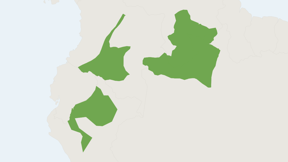 Range map of the White-bellied Spider Monkey (Ateles belzebuth) covering Brazil, Colombia and Ecuador
