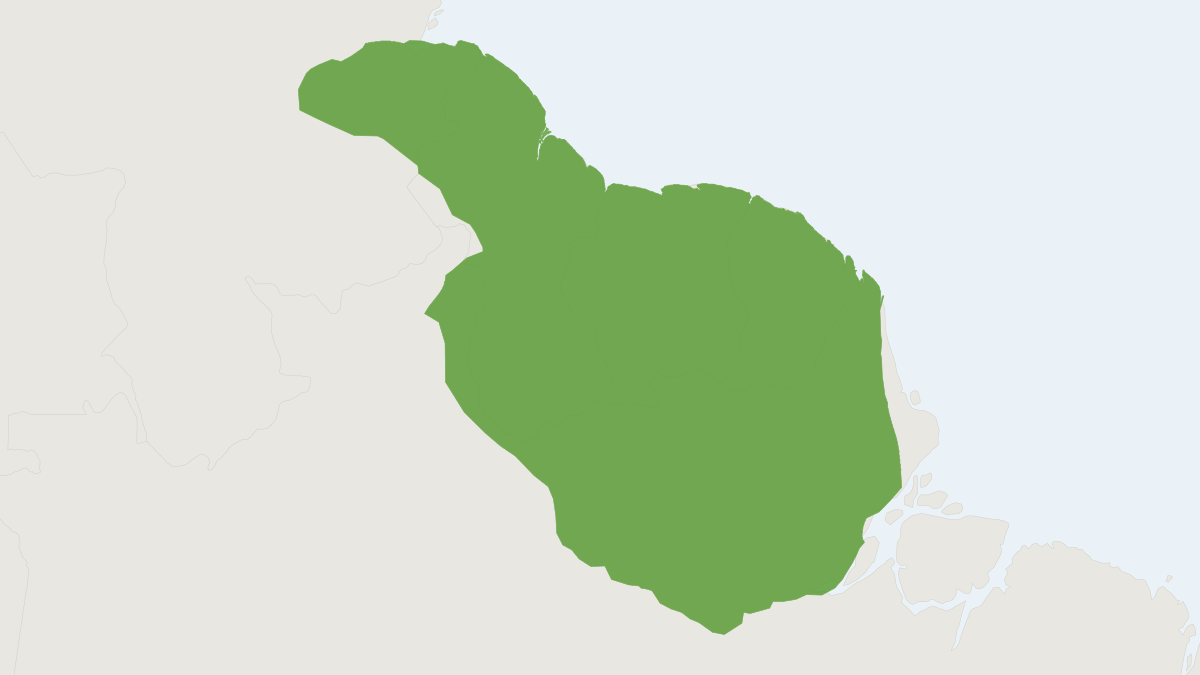 Range map of the White-faced Saki (Pithecia pithecia)