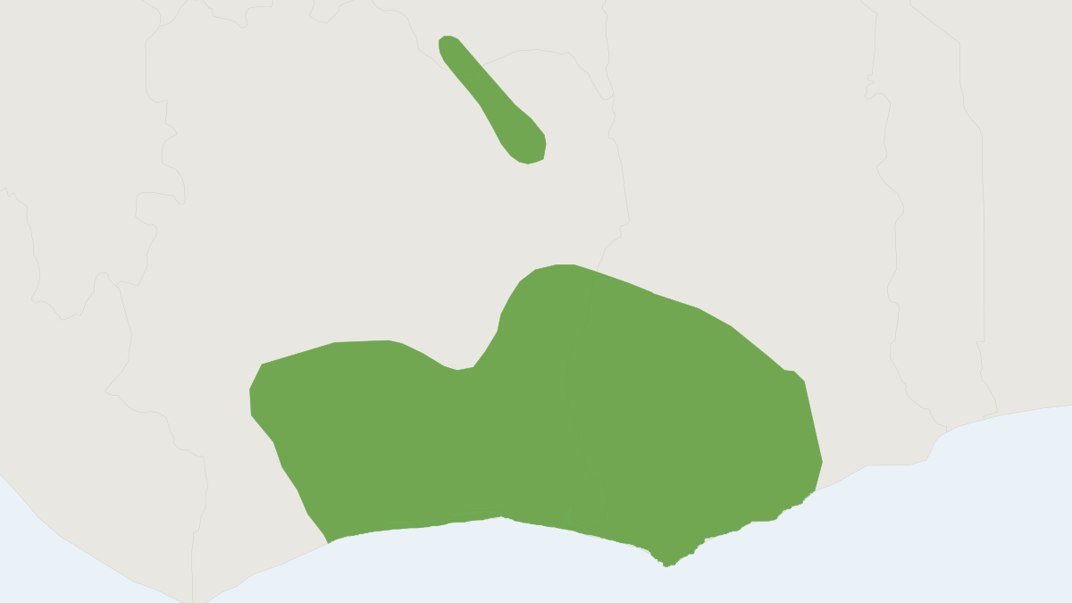 Range map of the White-naped Mangabey (Cercocebus lunulatus) covering Burkina Faso, Ghana and Ivory Coast