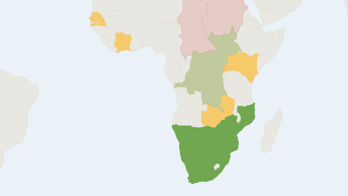 Range map of the White Rhinoceros (Ceratotherium simum) covering Botswana, Kenya and Namibia